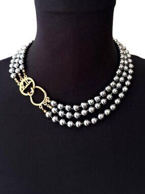 Kenneth Jay Lane KJL Vintage 3 Strand Metallic Silver Pearl Choker Clasp